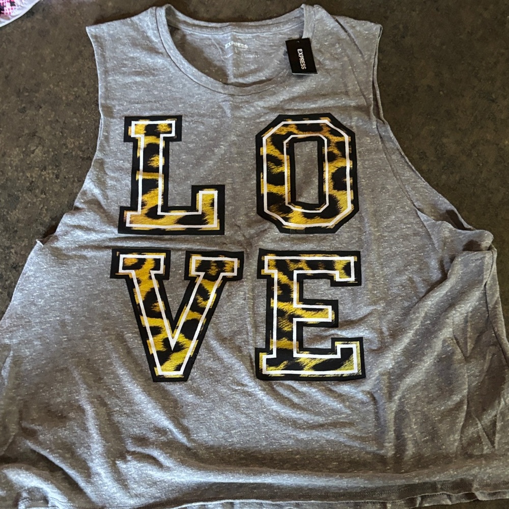 Express Gray Muscle Tee with Leopard Print LOVE